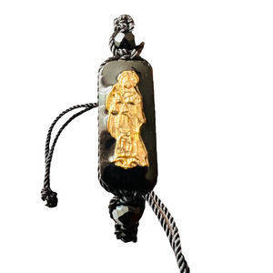 Santa Muerte Knotted Rope Bracelet Black Gold Plated Wood Pendant Knotted